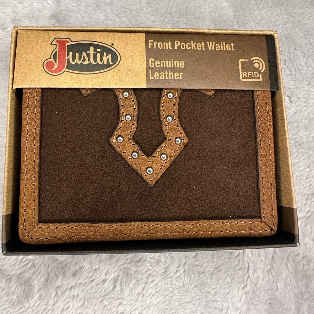 Justin RFID Front Pocket Wallet Brown Genuine Leather Suede Western Boot Stitch